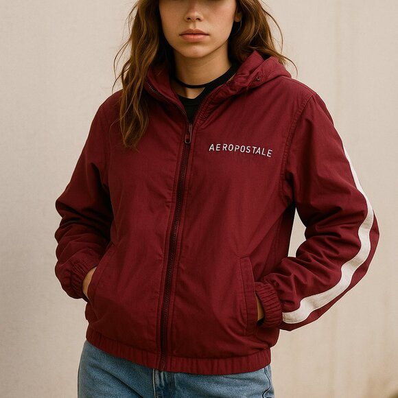 Y2K Sporty Maroon Full Zip Hooded Windbreaker Jacket Aeropostale Small - Picture 1 of 9
